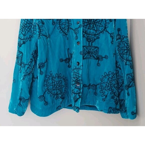 Vtg Chico’s Velvet Embroidered Button Down Silk Jacket Top Size 1 Medium 8 Blue - Picture 4 of 8